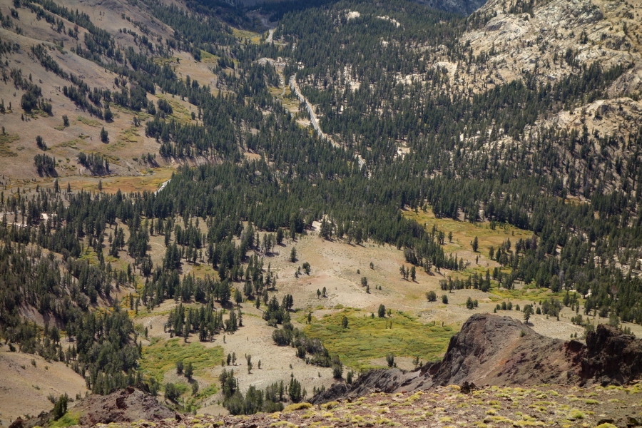 St. Mary's Pass trail and the trailhead from the summit