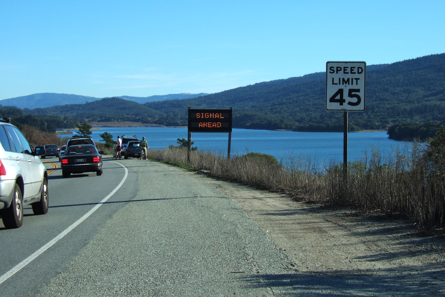 Bumper to bumper traffic on CA92 near Crystal Springs Reservoir