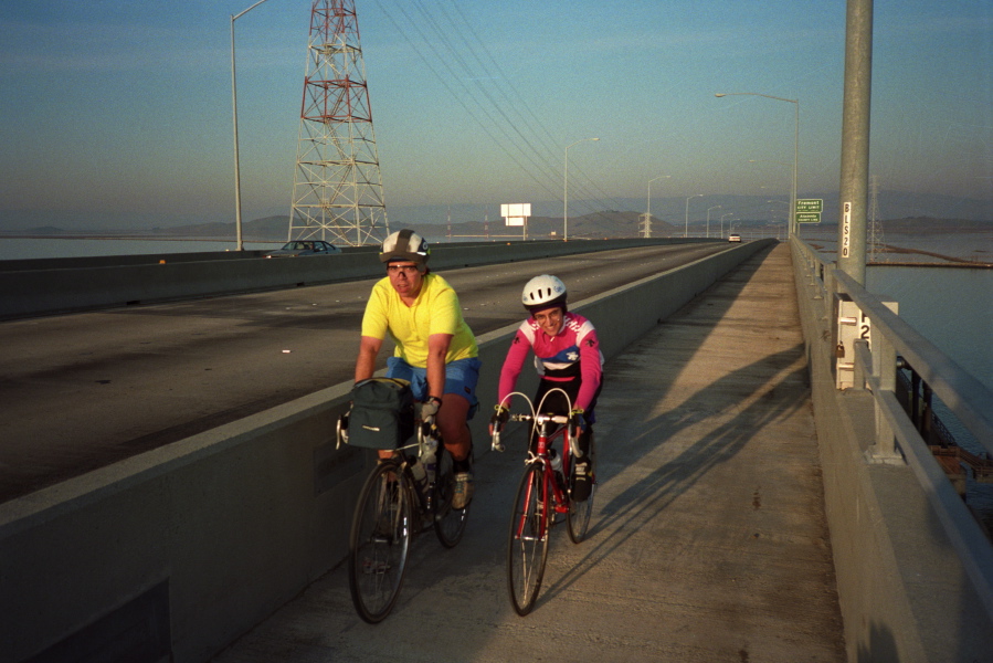 Gardner and Stella cross the Dumbarton Bridge.