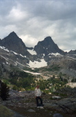 Bill near Iceberg Lake; Mt. Ritter (l) and Banner Peak (r) in the background.