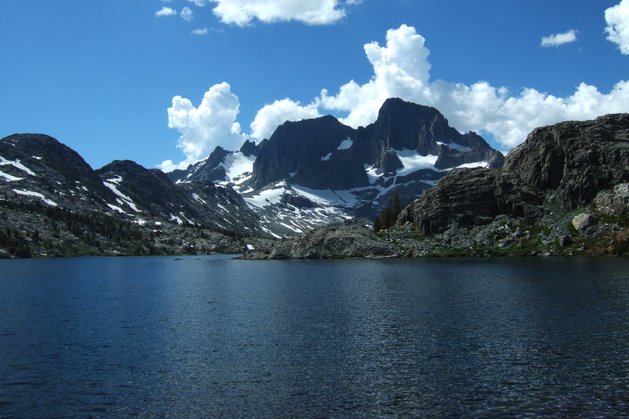 Threatening puffs of cloud rise over Ritter and Banner, as seen from Garnet Lake.