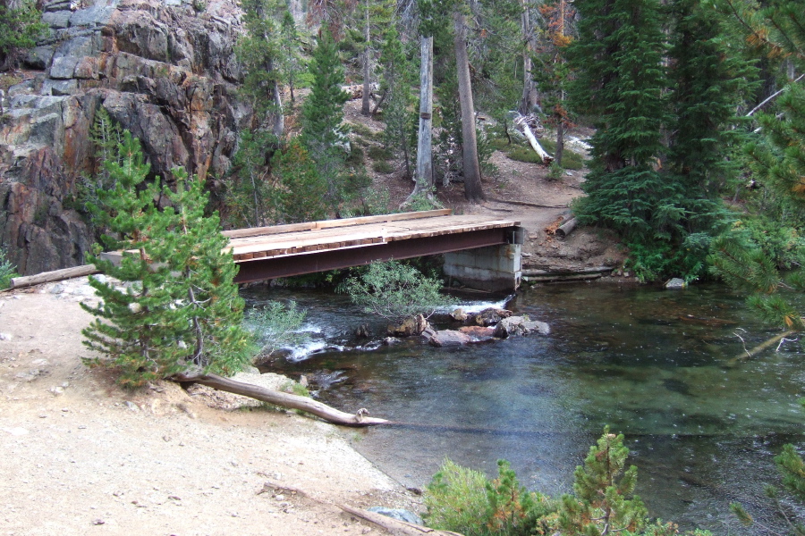 The John Muir Trail continues across the substantial bridge over the inlet to Shadow Lake.