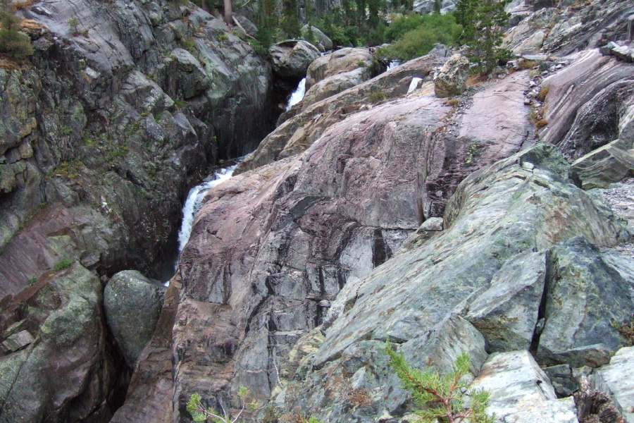 Shadow Creek makes a dramatic drop through a slot canyon down to the San Joaquin River below.