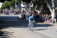 A Discovery rider climbs Lombard St.