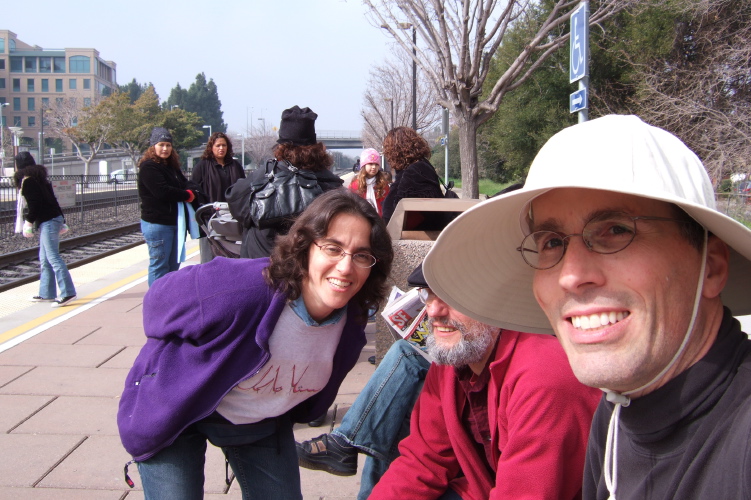 Stella, Frank, and Bill wait at the Sunnyvale Caltrain Station.