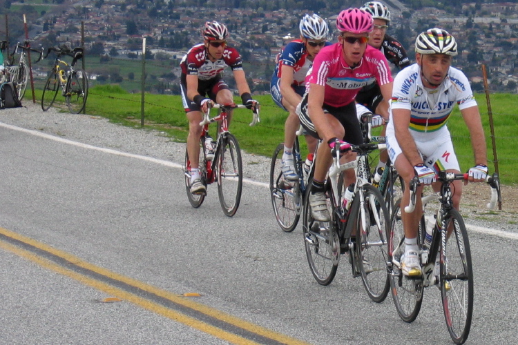 A tired-looking Paolo Bettini leads a small group on Sierra Rd.
