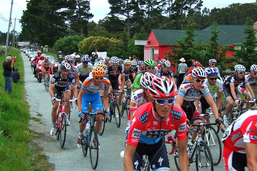 Andy Schleck (foreground left), and Jens Voigt (two places back).