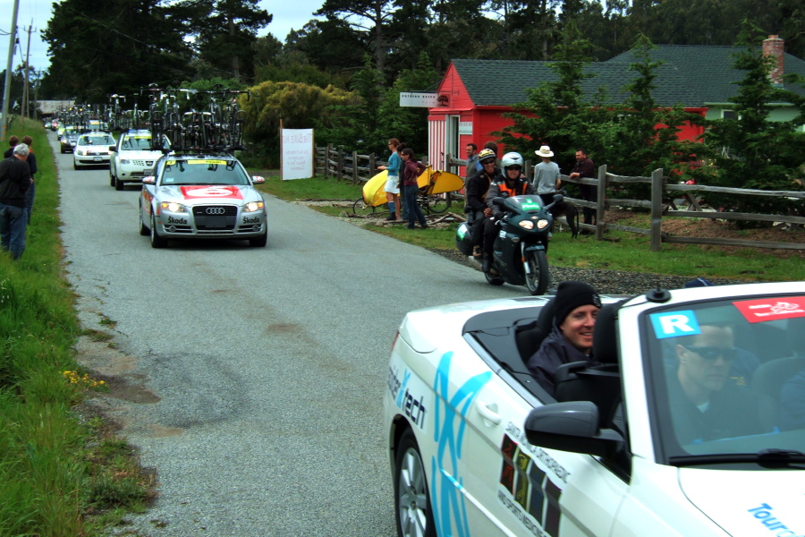 Medical car followed by the team cars.