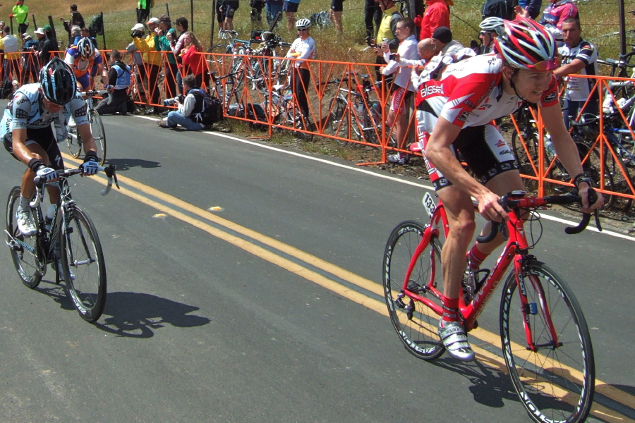 Rob Britton (r) about to be overtaken by Rafal Majka (l) and Grisha Niermann.