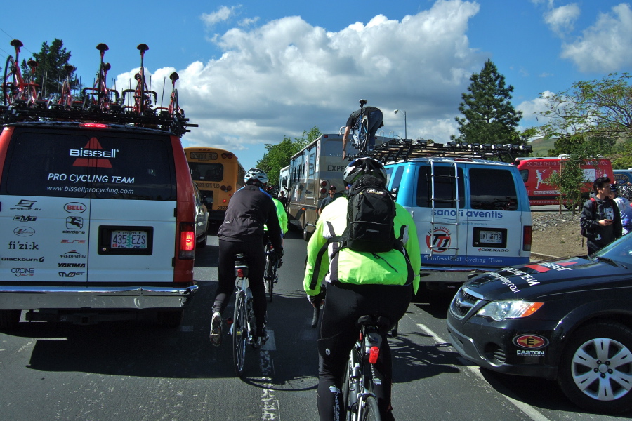 Working through the traffic jam of team vans on Piedmont Rd.