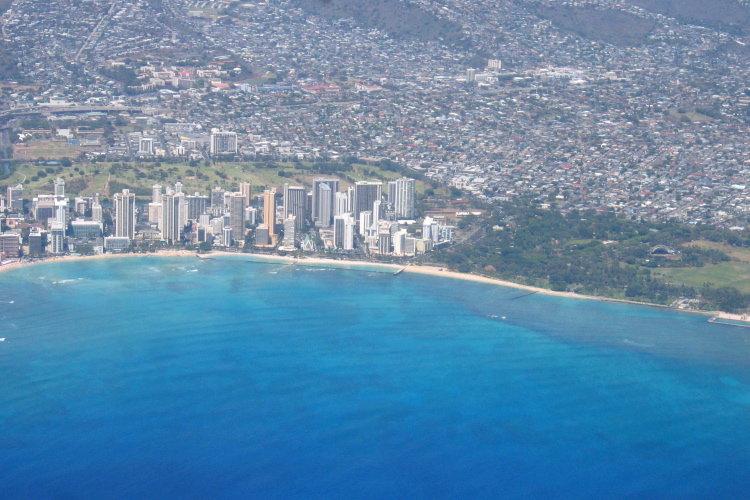 The southern end of Waikiki Beach and the Waikiki Band Shell (right).