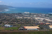 A cruise ship is docked at the Kahului port.