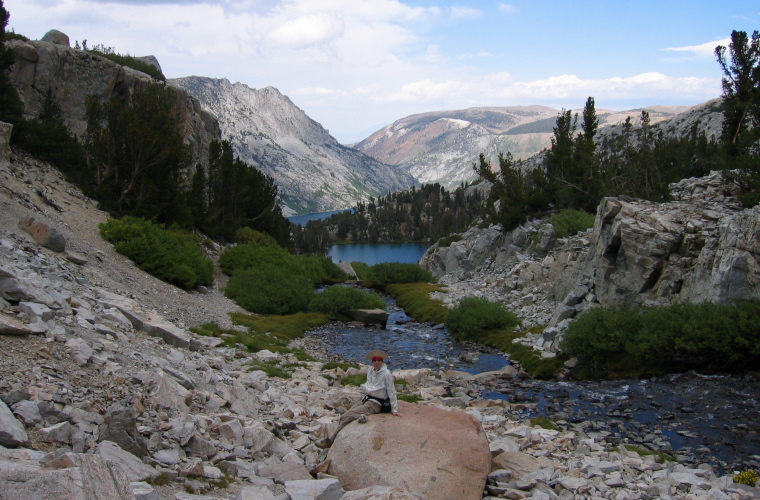 View down Treasure Creek to lower Treasure Lake, South Lake, and Bishop Canyon.