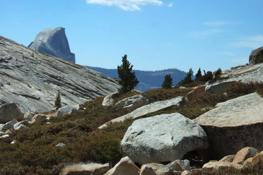 Half Dome (left) and Sentinel Dome (right) can be seen down the canyon.