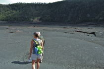 Laura and David walk across the pahoehoe at the bottom of Kilauea Iki.