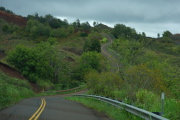 The road winds its way steeply up the west rim of Waimea Canyon.