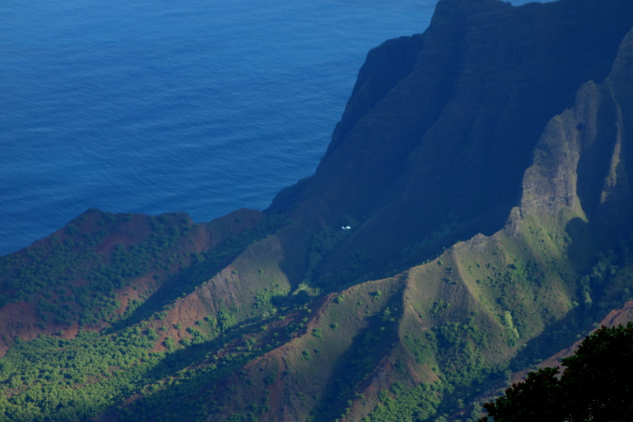 Helicopter on early morning flight in Kalalau Valley