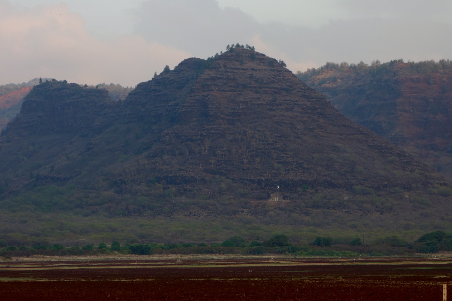 Kaboom Mountain (bomb storage) stands above fields testing GMO plants.