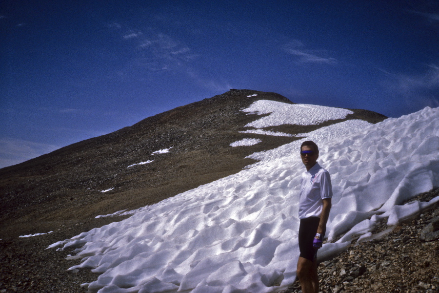 View of the summit and the road zig-zagging up