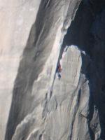 Climbers halfway up the nose of El Capitan.